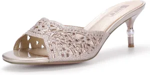IDIFU Womens Silver Gold Wedding Shoes For Bride Bridesmaid Low Kitten Peep Toe Heels Dress Sandals Glitter Formal Slide Mules With Heel
