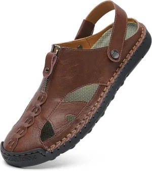 JAMONWU Men's Casual Closed Toe Adjustable Leather Sandals Handmade Fisherman Beach Sandals