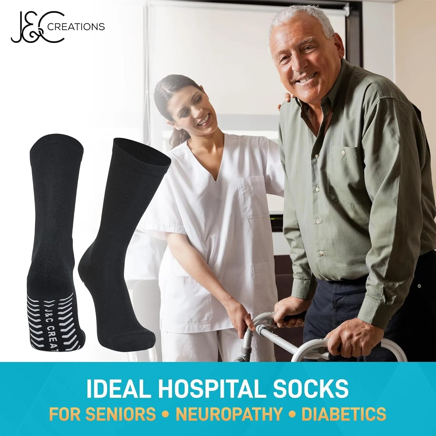 J&C Creations Premium Quality Grip Socks Men Size 10-13 - Hospital Socks For Men With Grips - 80% Viscose Bamboo