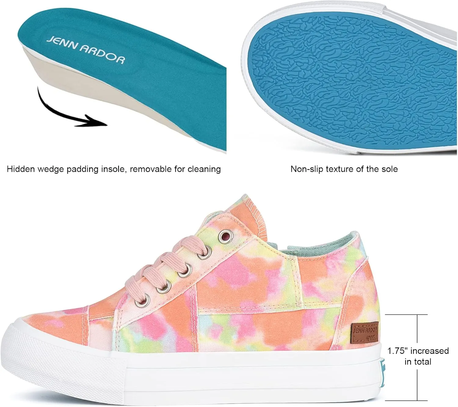 JENN ARDOR Wedge Sneakers for Women Fashion Canvas Shoes Casual Platform Hidden Heel Womens Slip On Sneaker Non Slip Side Zipper