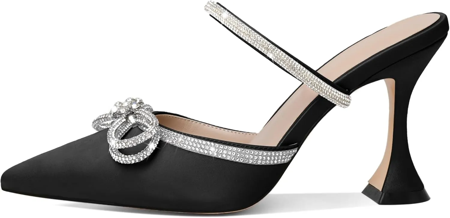 Joseywade Rhinstone Bow Mule Heels High Heels Closed Pointed Toe Spool Heel Slip-on Sandals 3.5" Wedding Crystal Ankle Strap Backless Shoes For Bridal Bridesmaid Engagement