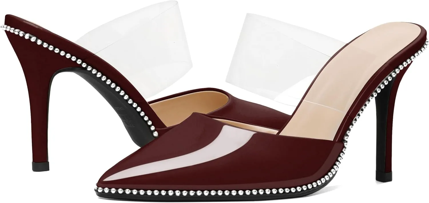 Joseywade Women's Heeled Mules Beaded Sandals Stilettos Heels Pointed Closed Toe Clear PVC Ankle Strap Patent Fashion Dress Shoes