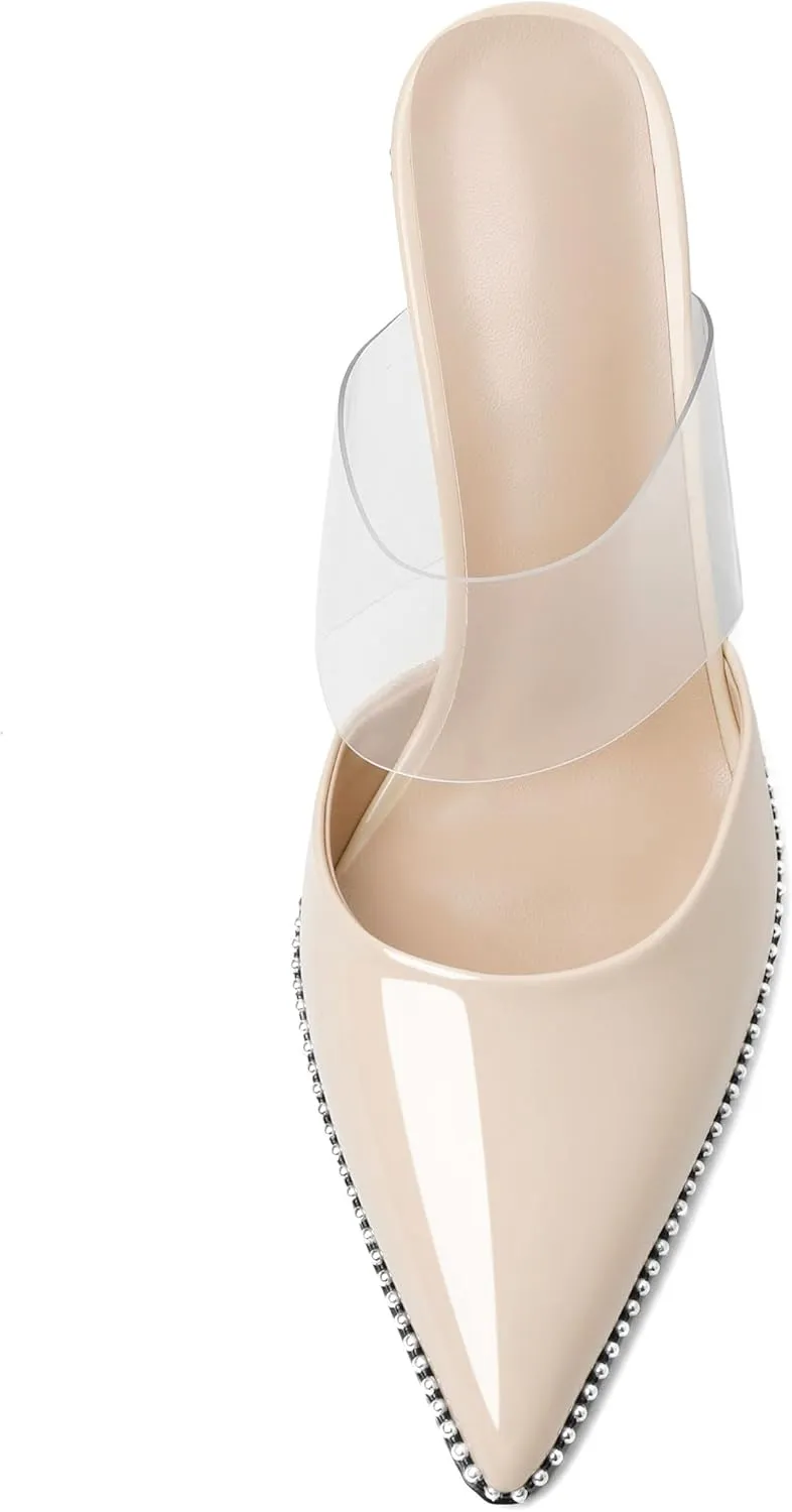 Joseywade Women's Heeled Mules Beaded Sandals Stilettos Heels Pointed Closed Toe Clear PVC Ankle Strap Patent Fashion Dress Shoes