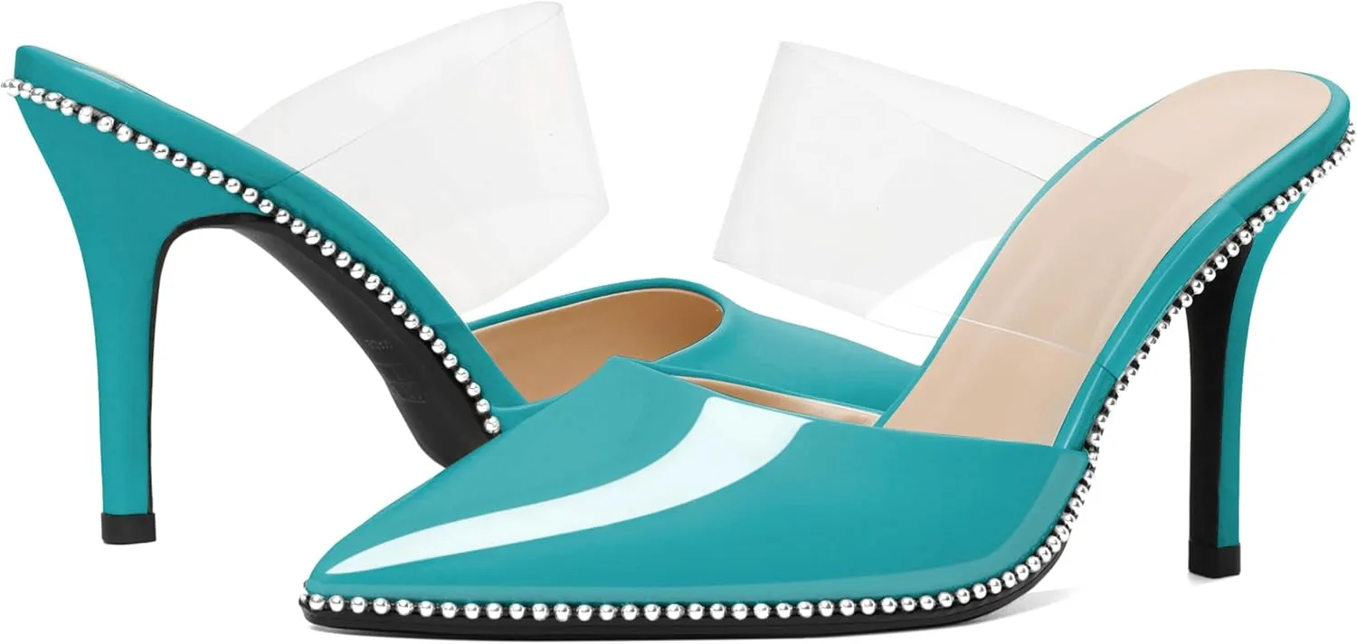 Joseywade Women's Heeled Mules Beaded Sandals Stilettos Heels Pointed Closed Toe Clear PVC Ankle Strap Patent Fashion Dress Shoes