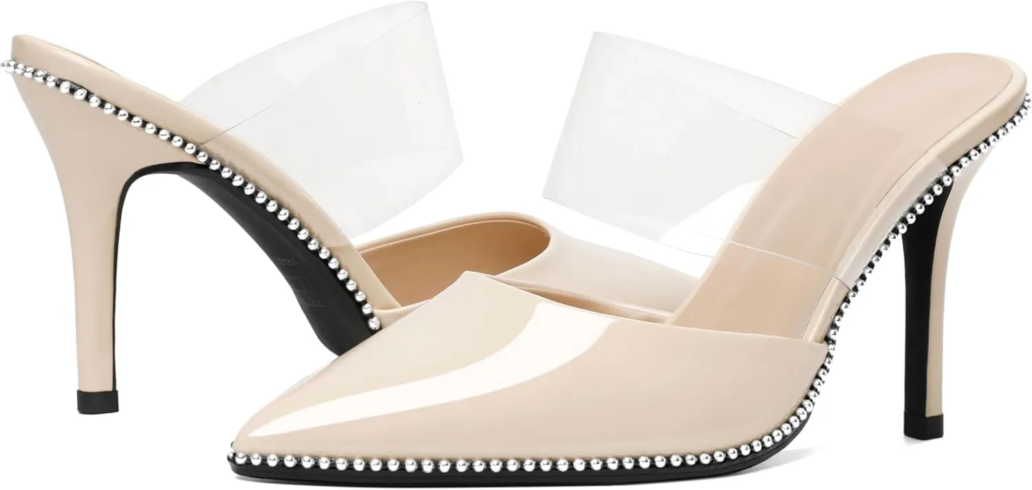 Joseywade Women's Heeled Mules Beaded Sandals Stilettos Heels Pointed Closed Toe Clear PVC Ankle Strap Patent Fashion Dress Shoes