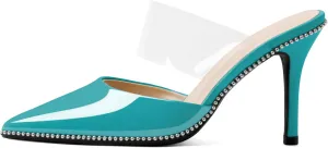 Joseywade Women's Heeled Mules Beaded Sandals Stilettos Heels Pointed Closed Toe Clear PVC Ankle Strap Patent Fashion Dress Shoes