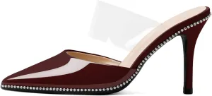 Joseywade Women's Heeled Mules Beaded Sandals Stilettos Heels Pointed Closed Toe Clear PVC Ankle Strap Patent Fashion Dress Shoes
