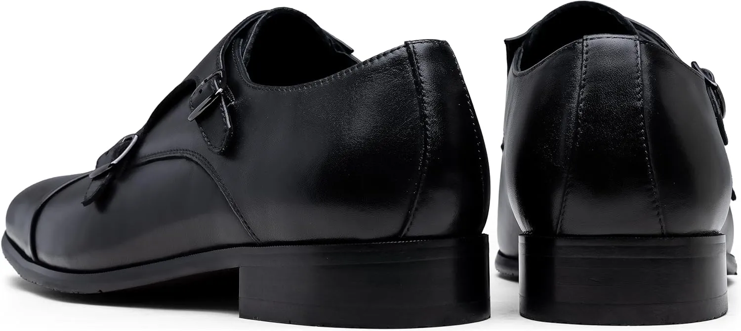 Jousen Mens Dress Loafers Leather Double Monk Strap Oxford Slip On Cap Toe Dress Shoes for Men