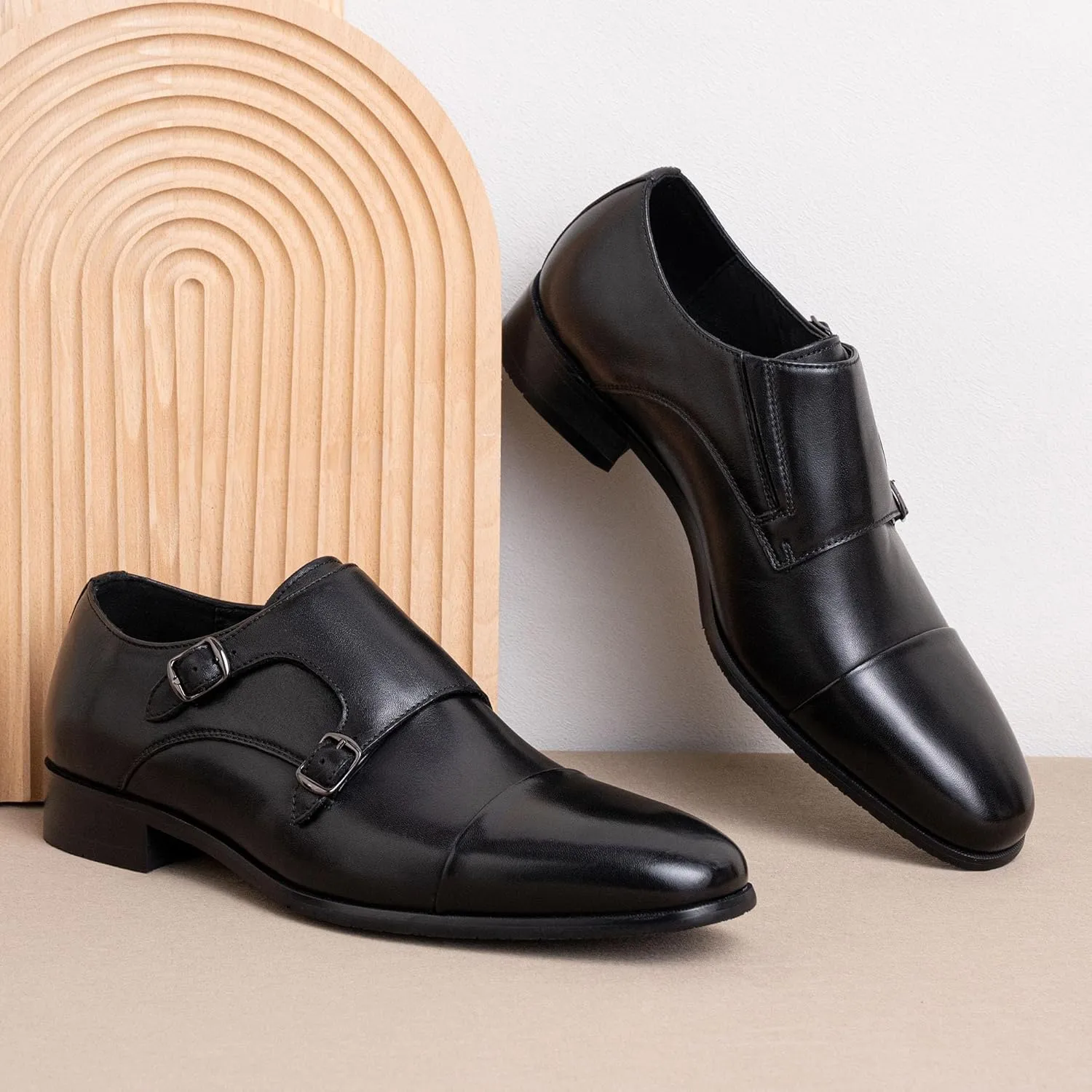 Jousen Mens Dress Loafers Leather Double Monk Strap Oxford Slip On Cap Toe Dress Shoes for Men