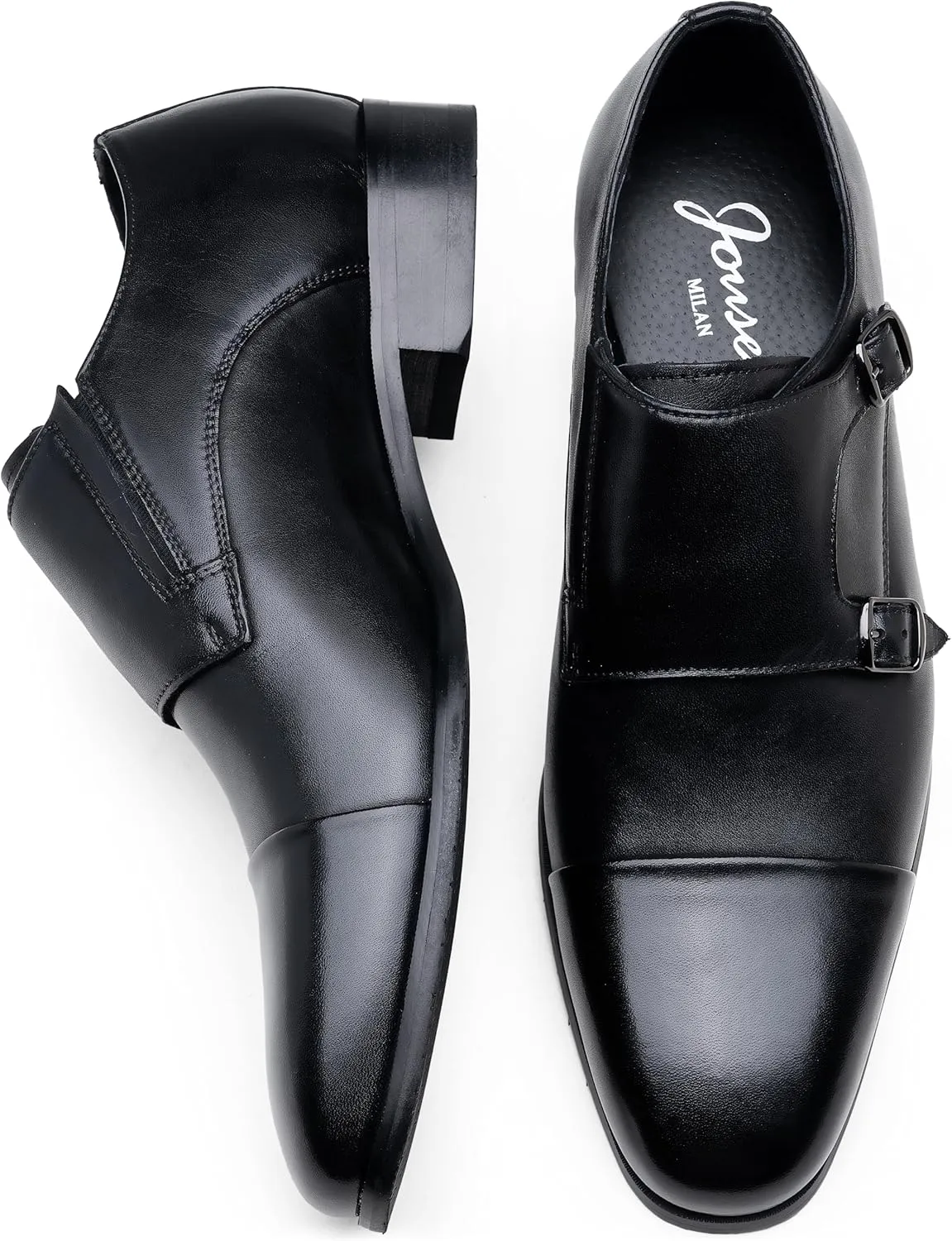 Jousen Mens Dress Loafers Leather Double Monk Strap Oxford Slip On Cap Toe Dress Shoes for Men