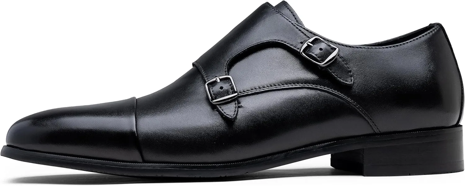 Jousen Mens Dress Loafers Leather Double Monk Strap Oxford Slip On Cap Toe Dress Shoes for Men