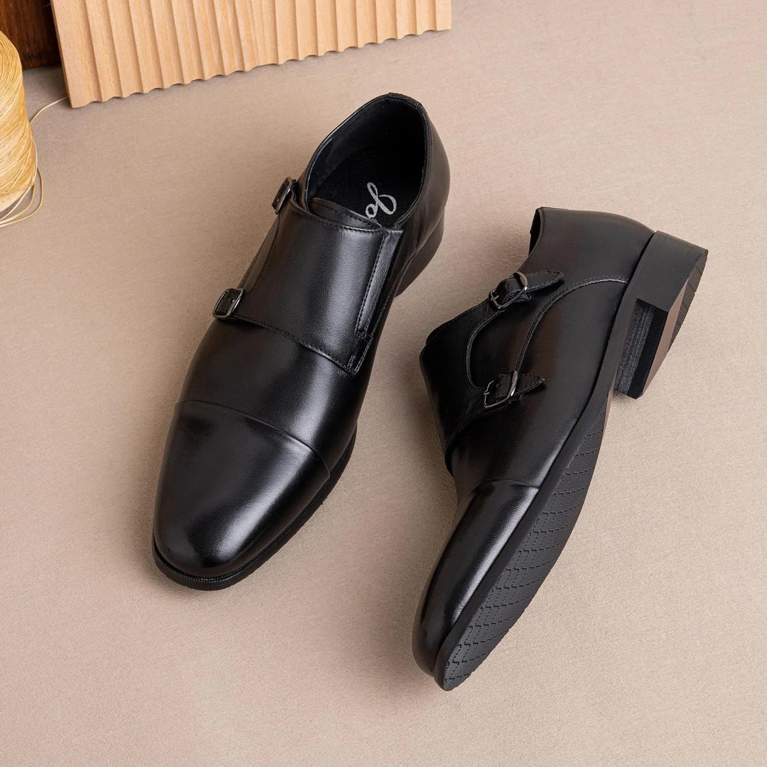 Jousen Mens Dress Loafers Leather Double Monk Strap Oxford Slip On Cap Toe Dress Shoes for Men
