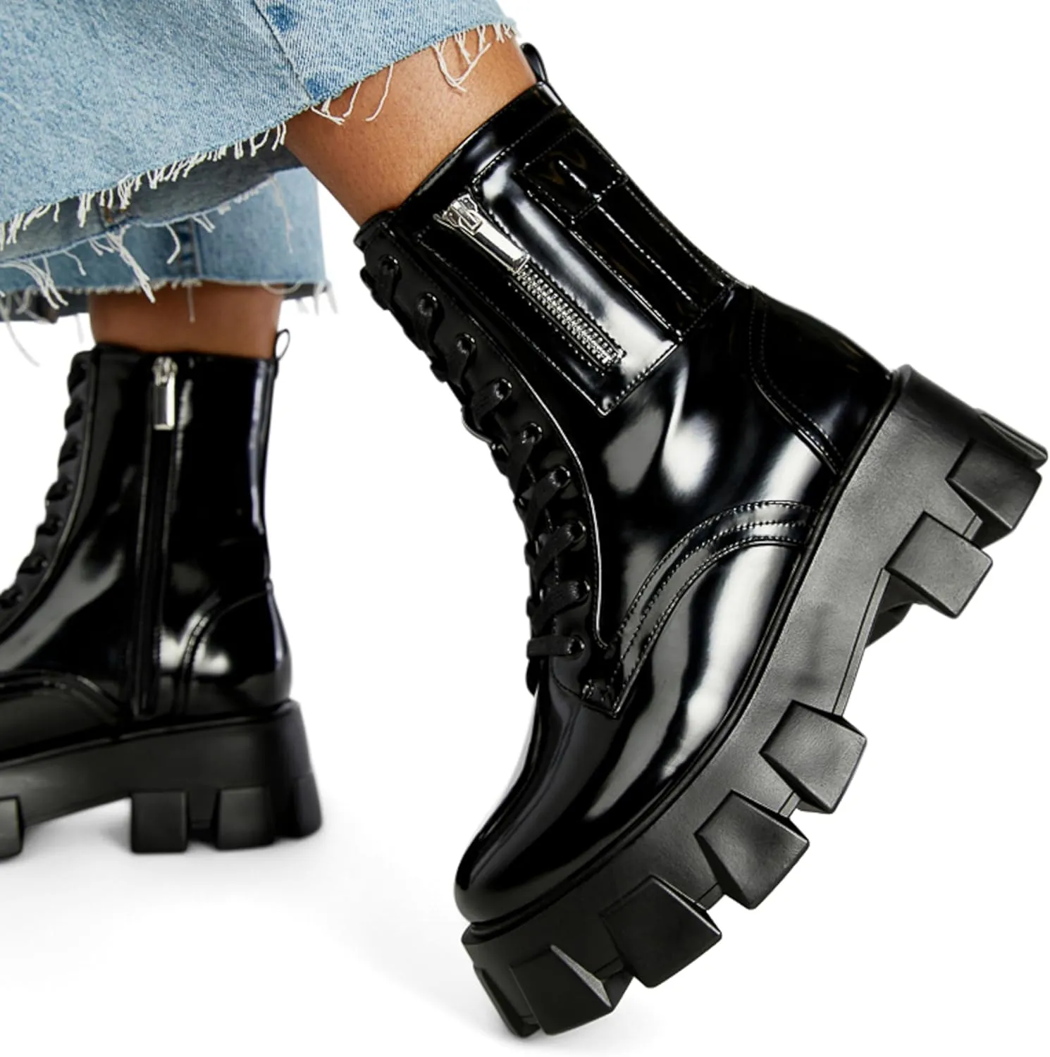 JustFab Womens Combat Boots Fall Boots Lace-up Combat Boots Ankle Booties Platform Shoes for Women - Reverie