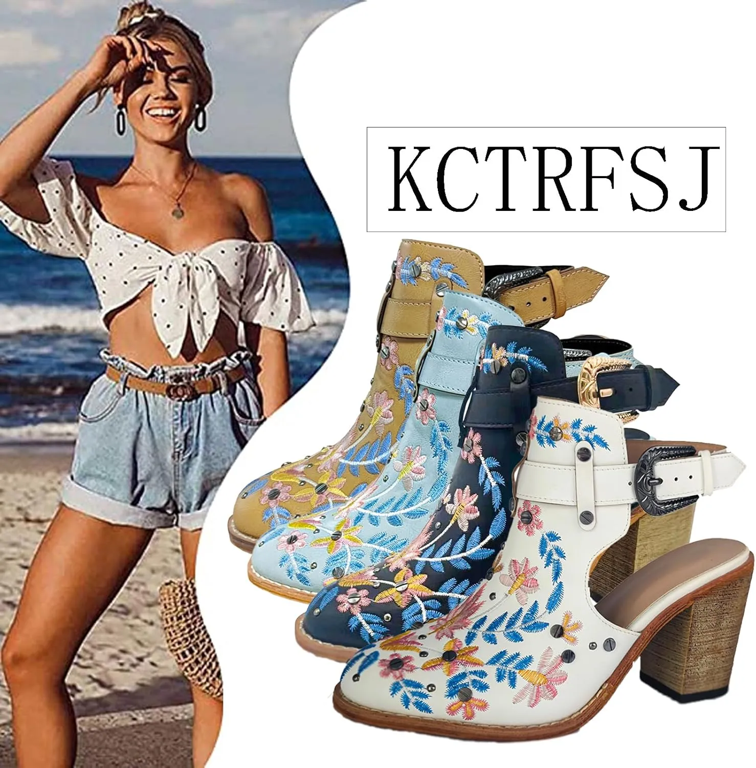KCTRFSJ Women's Embroidered Floral Closed Chunky High Heeled Sandals with Ankle Strap,Vintage Rivet Platform Slingback Block Heeled Mules,Fashion Dress Wedding Ball Party Pumps Shoes