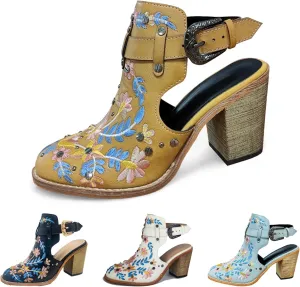 KCTRFSJ Women's Embroidered Floral Closed Chunky High Heeled Sandals with Ankle Strap,Vintage Rivet Platform Slingback Block Heeled Mules,Fashion Dress Wedding Ball Party Pumps Shoes