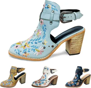 KCTRFSJ Women's Embroidered Floral Closed Chunky High Heeled Sandals with Ankle Strap,Vintage Rivet Platform Slingback Block Heeled Mules,Fashion Dress Wedding Ball Party Pumps Shoes