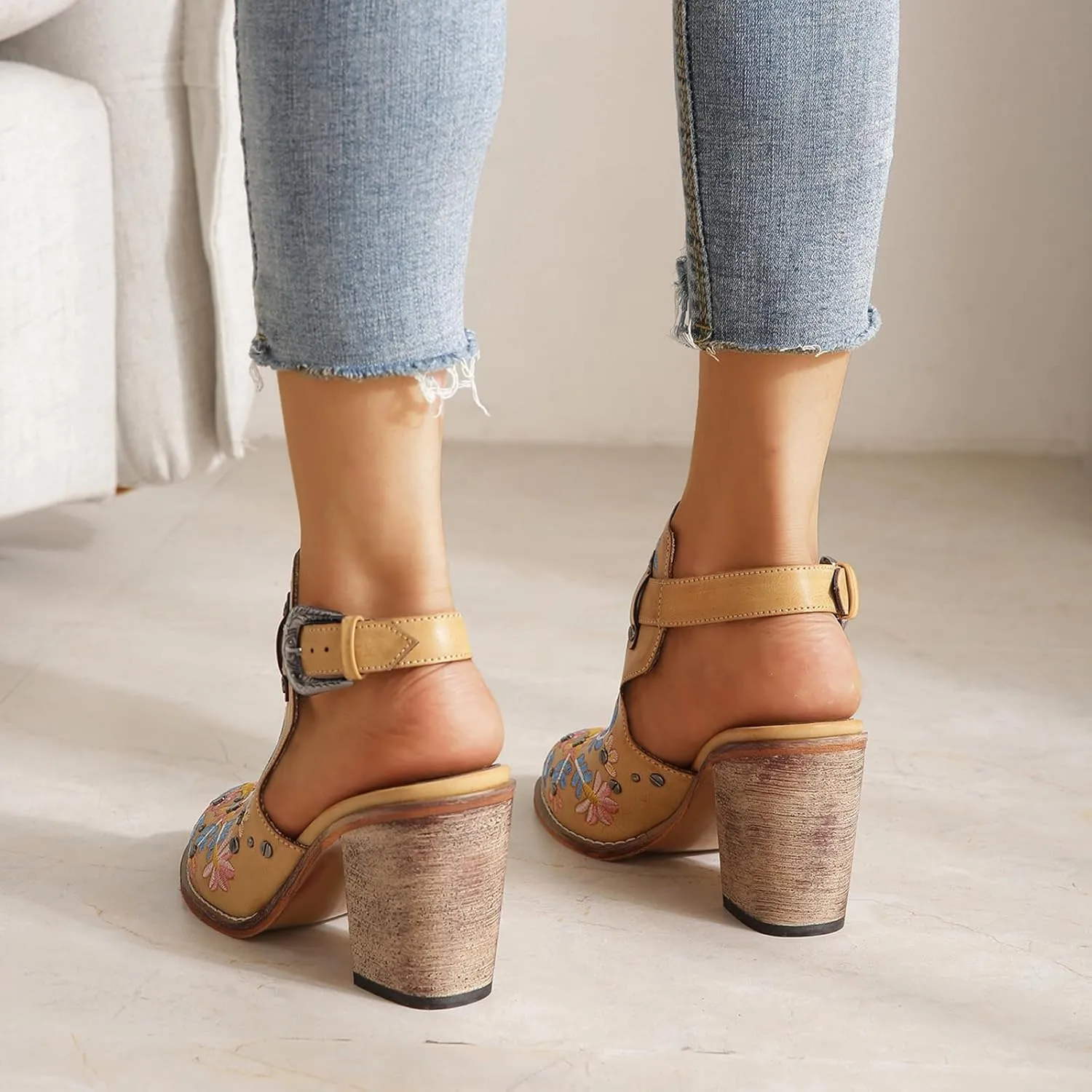 KCTRFSJ Women's Embroidered Floral Closed Chunky High Heeled Sandals with Ankle Strap,Vintage Rivet Platform Slingback Block Heeled Mules,Fashion Dress Wedding Ball Party Pumps Shoes