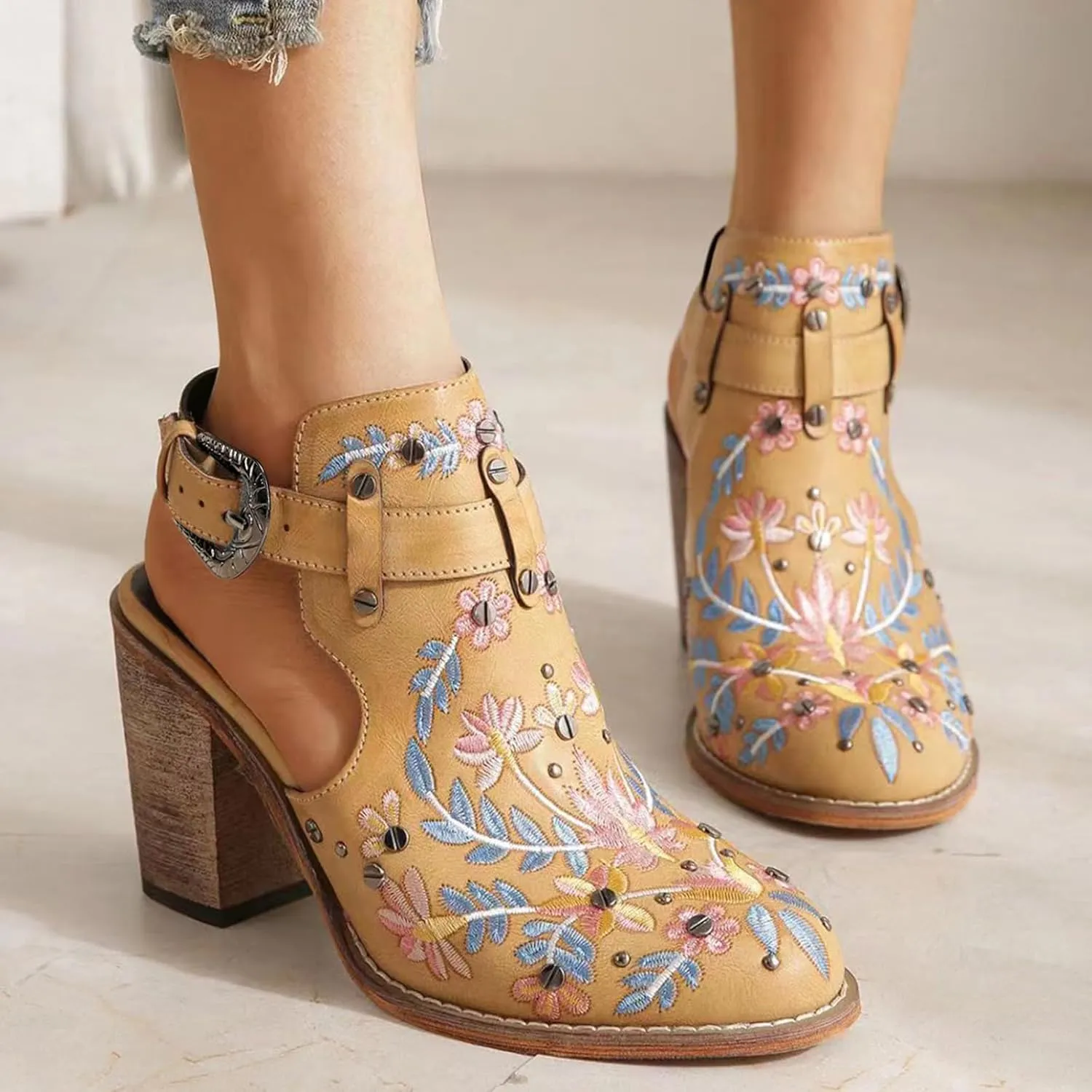 KCTRFSJ Women's Embroidered Floral Closed Chunky High Heeled Sandals with Ankle Strap,Vintage Rivet Platform Slingback Block Heeled Mules,Fashion Dress Wedding Ball Party Pumps Shoes