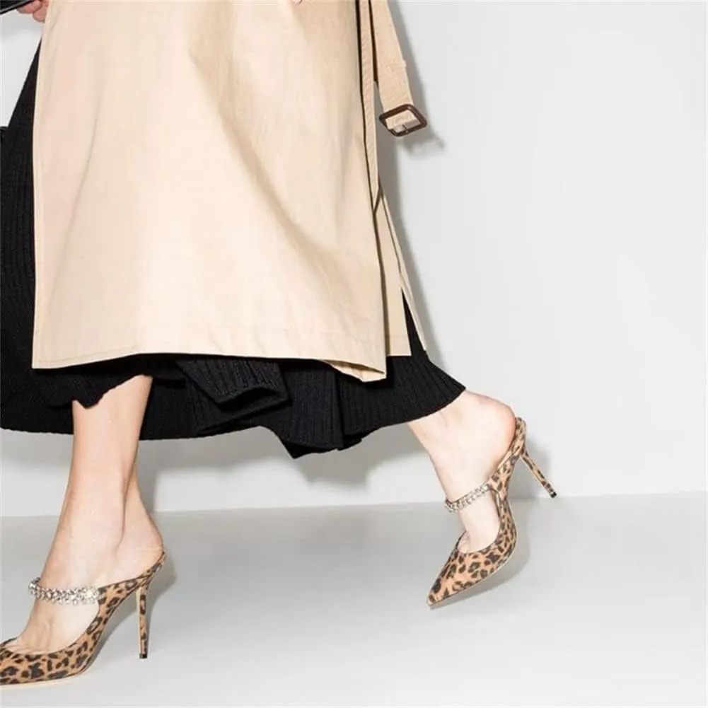 keleimusi Women's Heeled Mules Rhinestone Strap Pointed Toe Heeled Sandals High Heels Slip On Fashion Dress Bridal Mules Shoes For Women