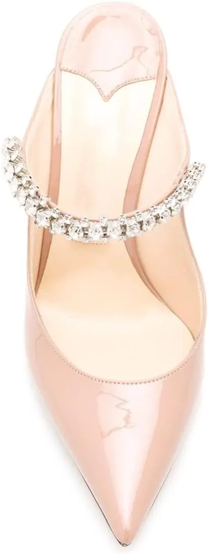 keleimusi Women's Heeled Mules Rhinestone Strap Pointed Toe Heeled Sandals High Heels Slip On Fashion Dress Bridal Mules Shoes For Women