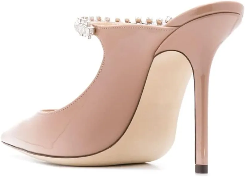 keleimusi Women's Heeled Mules Rhinestone Strap Pointed Toe Heeled Sandals High Heels Slip On Fashion Dress Bridal Mules Shoes For Women