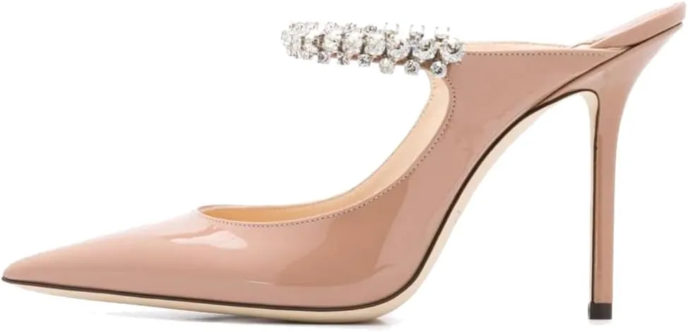 keleimusi Women's Heeled Mules Rhinestone Strap Pointed Toe Heeled Sandals High Heels Slip On Fashion Dress Bridal Mules Shoes For Women