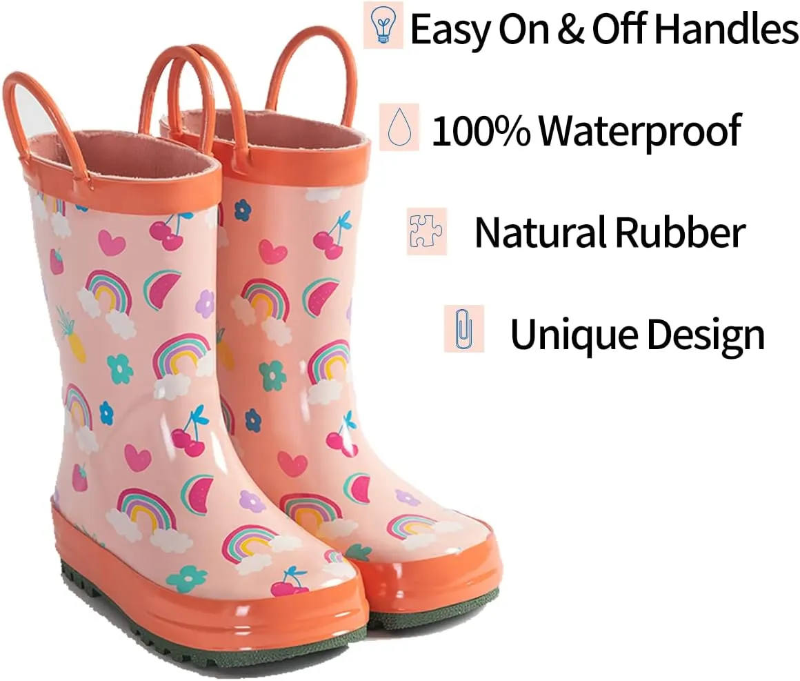 Kids Rain Boots - Toddler Waterproof Rubber Kids Rain Boots for Girls and Boys with Fun Patterns and Easy-On Handles