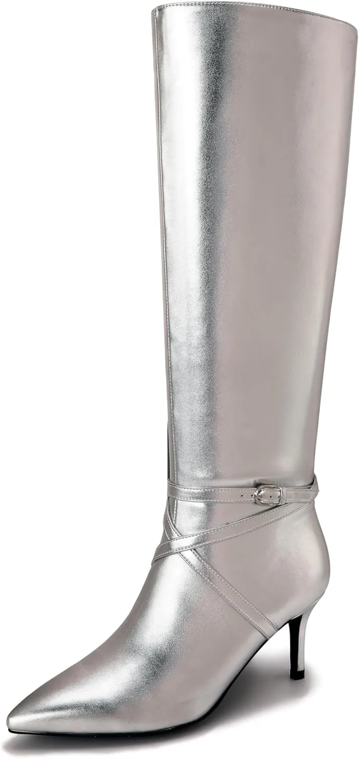 Knee High Boots for Women Strappy legs Stiletto Heel Pointed Toe Side Zipper Soft PU Leather Sexy Dress Long Boots