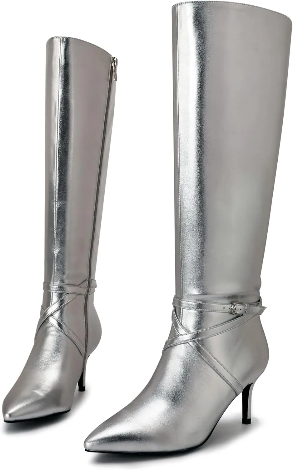 Knee High Boots for Women Strappy legs Stiletto Heel Pointed Toe Side Zipper Soft PU Leather Sexy Dress Long Boots