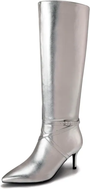 Knee High Boots for Women Strappy legs Stiletto Heel Pointed Toe Side Zipper Soft PU Leather Sexy Dress Long Boots