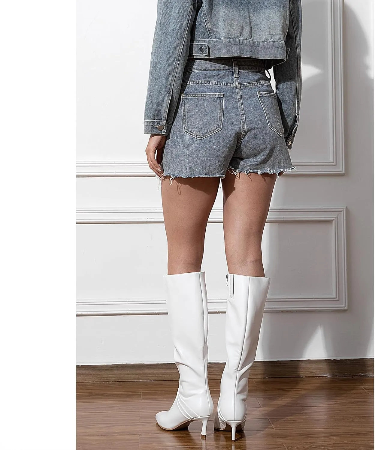 Knee High Boots for Women with Kitten Heel Pointed Toe Side Zipper Design