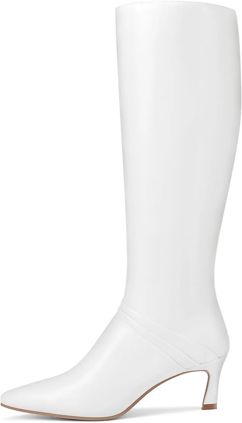 Knee High Boots for Women with Kitten Heel Pointed Toe Side Zipper Design