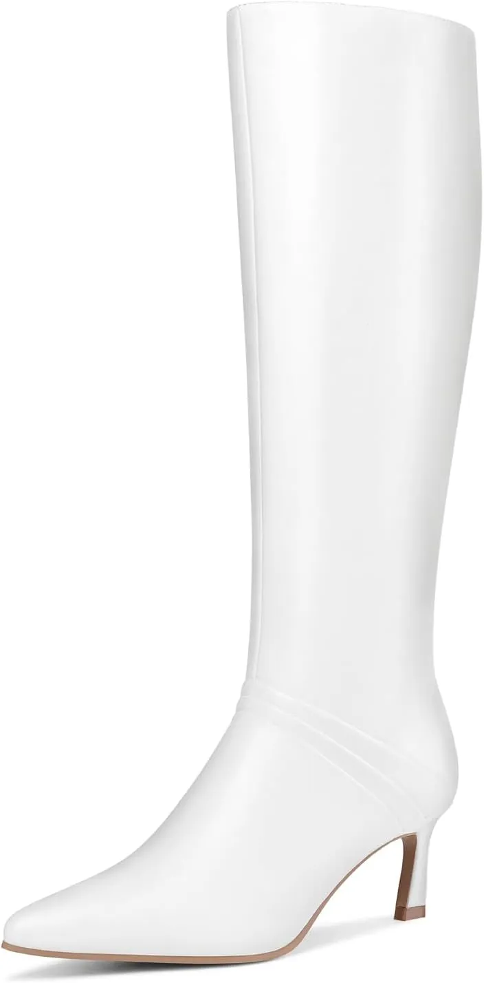 Knee High Boots for Women with Kitten Heel Pointed Toe Side Zipper Design