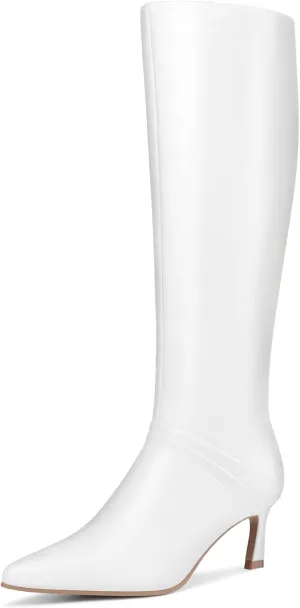 Knee High Boots for Women with Kitten Heel Pointed Toe Side Zipper Design