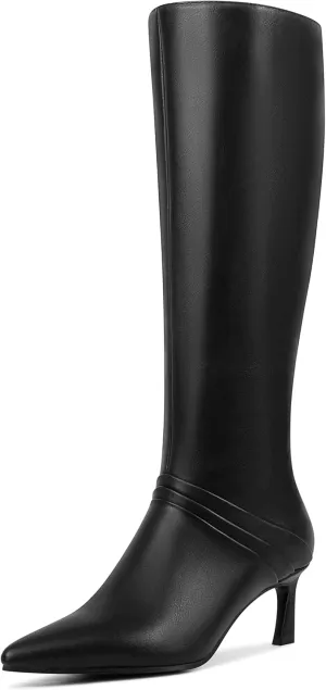 Knee High Boots for Women with Kitten Heel Pointed Toe Side Zipper Design