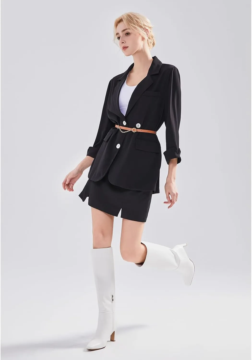 Knee High Boots with Block Heel Pointed Square Toe Side Zipper Tall Boots