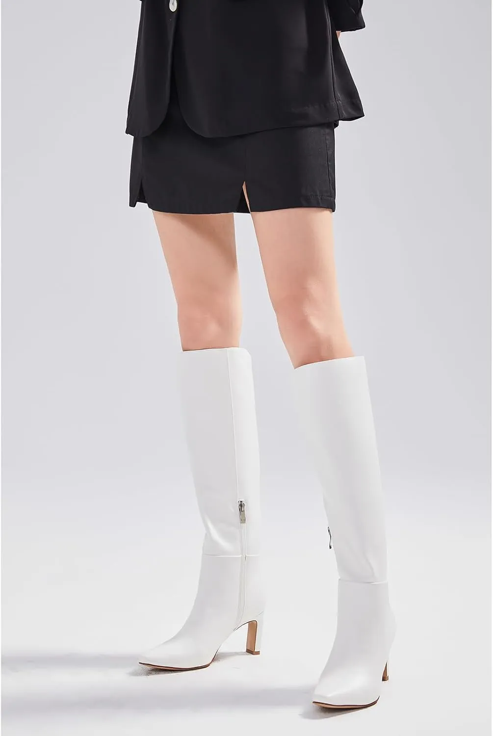 Knee High Boots with Block Heel Pointed Square Toe Side Zipper Tall Boots