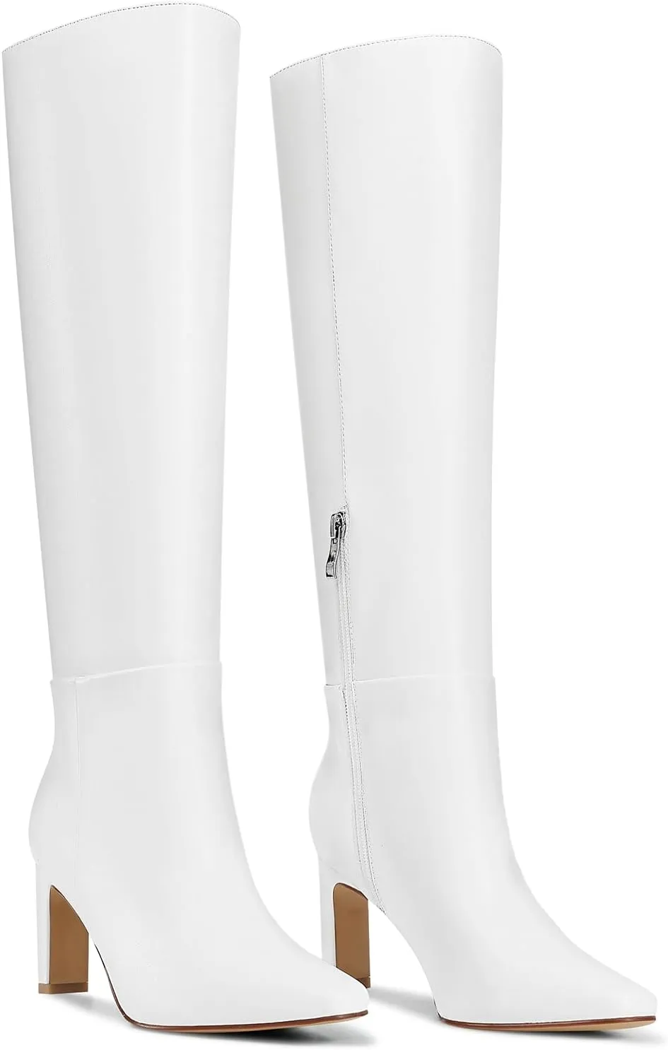 Knee High Boots with Block Heel Pointed Square Toe Side Zipper Tall Boots