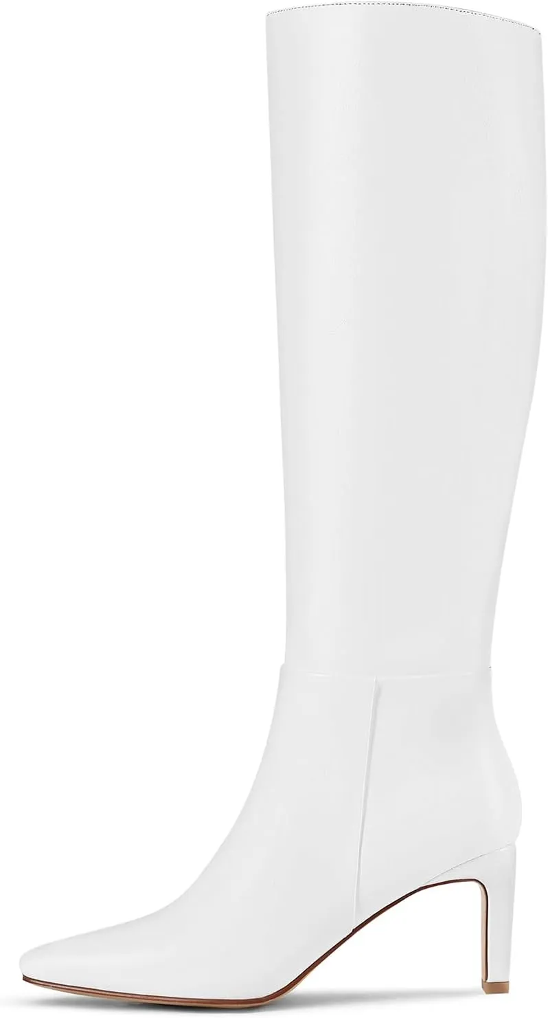 Knee High Boots with Block Heel Pointed Square Toe Side Zipper Tall Boots