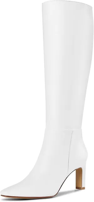 Knee High Boots with Block Heel Pointed Square Toe Side Zipper Tall Boots