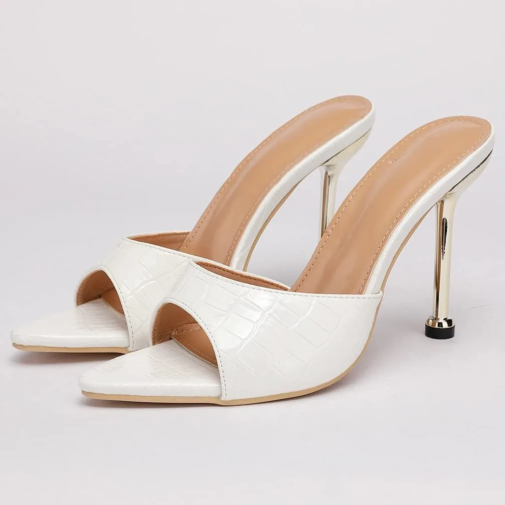 KOKOMOMO Womens Pointed Open Toe Stiletto Mules Slip On High Heel Slides Sandals