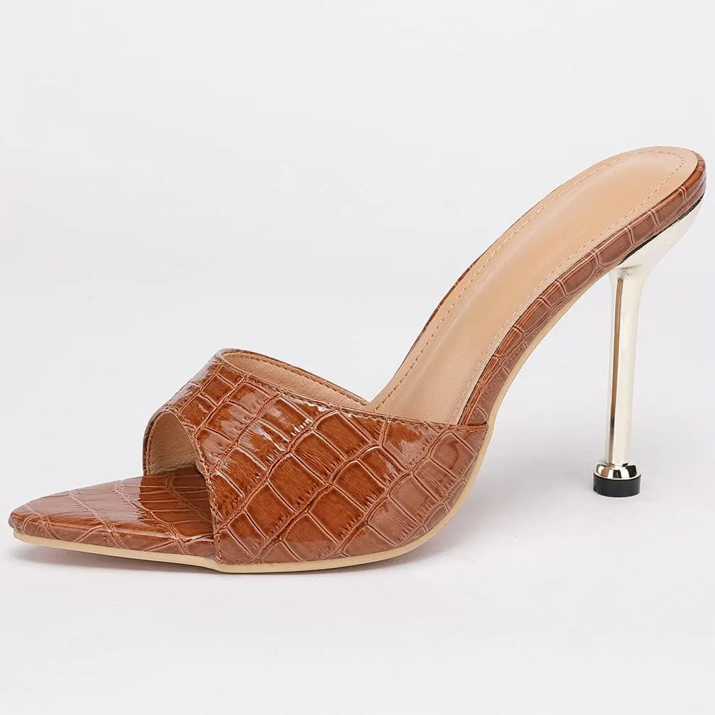 KOKOMOMO Womens Pointed Open Toe Stiletto Mules Slip On High Heel Slides Sandals