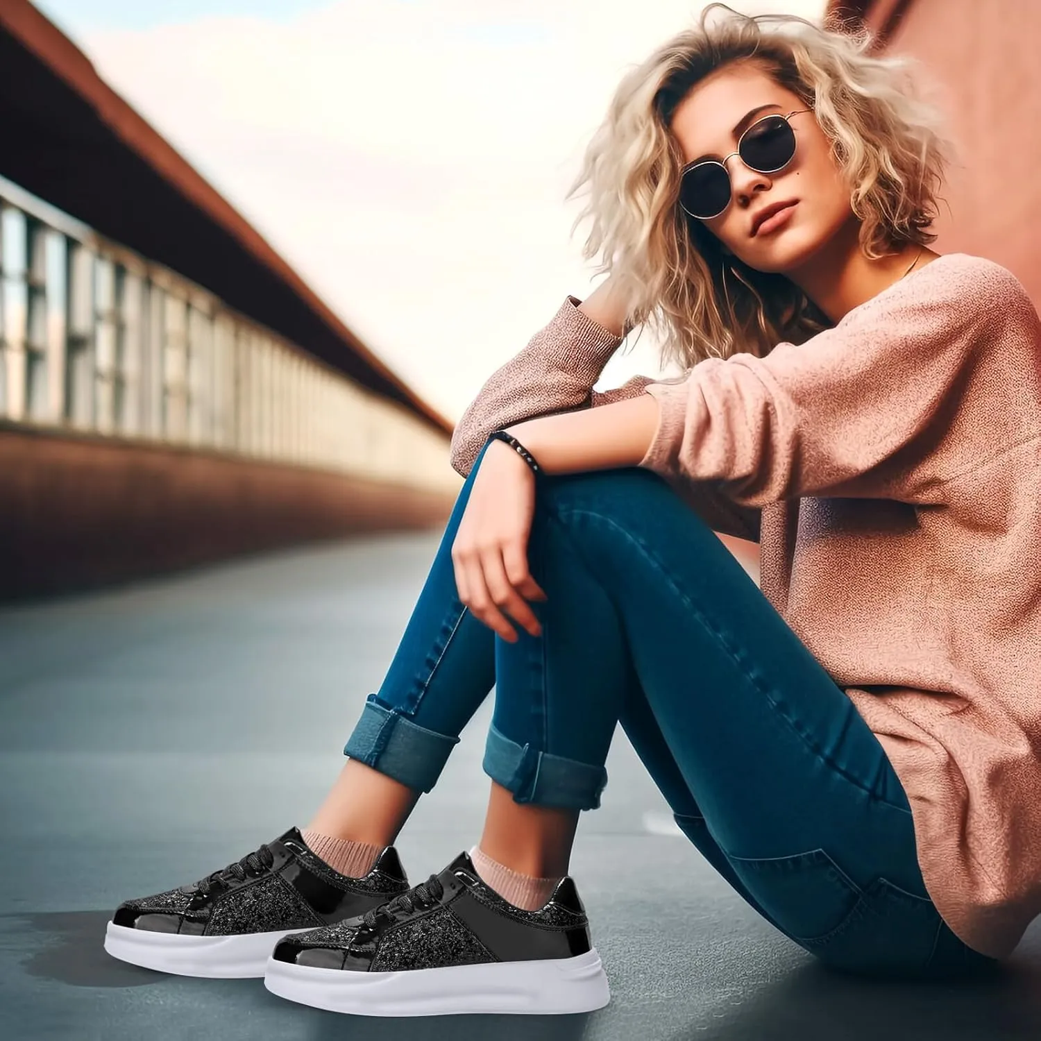 KUNWFNIX Women's Glitter Tennis Sneakers Dressy Sparkly Shiny Sequin Shoes Platform Lace up Casual Walking Bling Glitter Fashion Sneaker