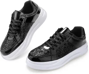 KUNWFNIX Women's Glitter Tennis Sneakers Dressy Sparkly Shiny Sequin Shoes Platform Lace up Casual Walking Bling Glitter Fashion Sneaker