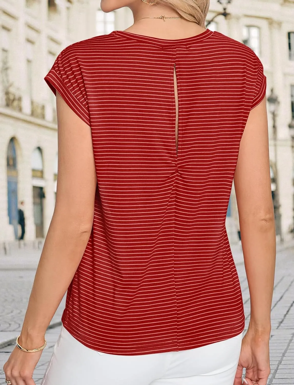 LA BAISEO Womens Casual Cap Short Sleeve Striped Tops Summer Open Back T-Shirts Crew Neck Basic Shirts