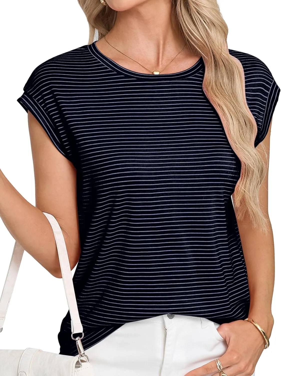 LA BAISEO Womens Casual Cap Short Sleeve Striped Tops Summer Open Back T-Shirts Crew Neck Basic Shirts