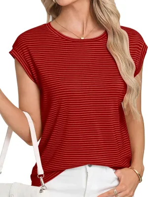LA BAISEO Womens Casual Cap Short Sleeve Striped Tops Summer Open Back T-Shirts Crew Neck Basic Shirts