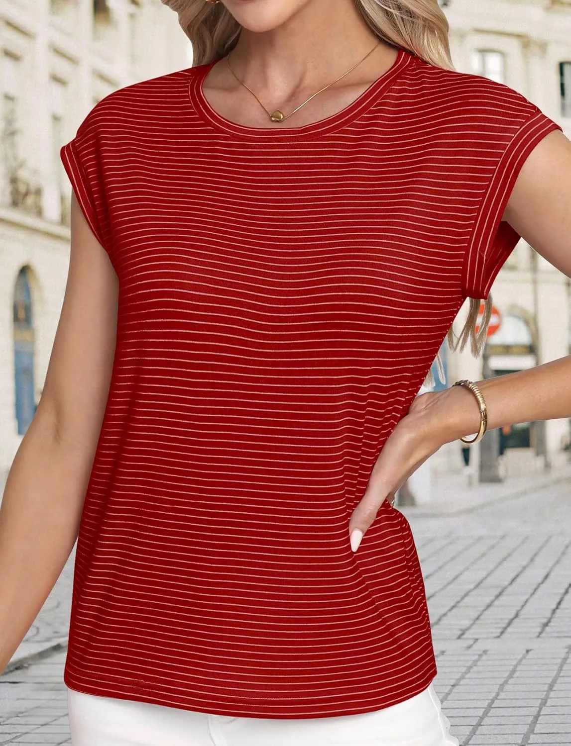 LA BAISEO Womens Casual Cap Short Sleeve Striped Tops Summer Open Back T-Shirts Crew Neck Basic Shirts