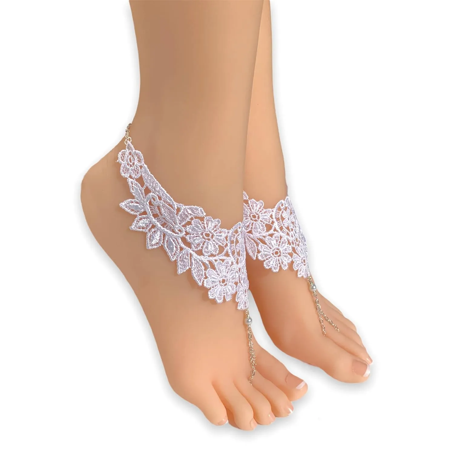 Lace Barefoot Sandals, White Beaded Foot Jewelry, Silver Chain Anklets. Beach Wedding Bridal Accessory (US Women's shoe size 8)