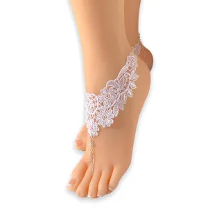 Lace Barefoot Sandals, White Beaded Foot Jewelry, Silver Chain Anklets. Beach Wedding Bridal Accessory (US Women's shoe size 8)
